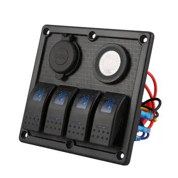 

4 Gang Car Marine Boat LED Rocker Switch Panel Waterproof Circuit Breaker with Digital Voltmeter Dual USB Charger