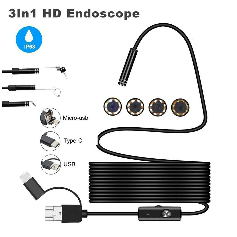 Гибкая Водонепроницаемая HD камера type-c промышленный 8 светодиодный видео Профессиональный USB инспекционный бороскоп 3 в 1 эндоскоп для ноутбука