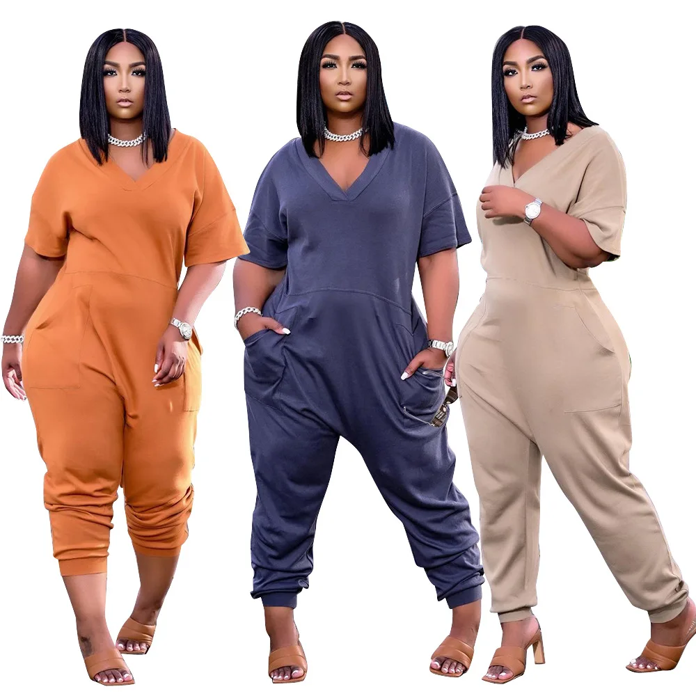 Plus Size Women's Clothing Solid Color Fashion Sexy V Neck Personality Pocket Casual Simple Street Wear Short Sleeved Jumpsuit |