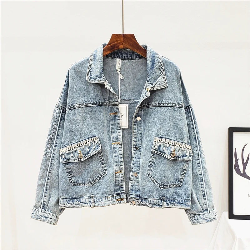 

2019 autumn and winter new women's heavy work beaded tassel blouse letters embroidered long-sleeved loose denim jacket