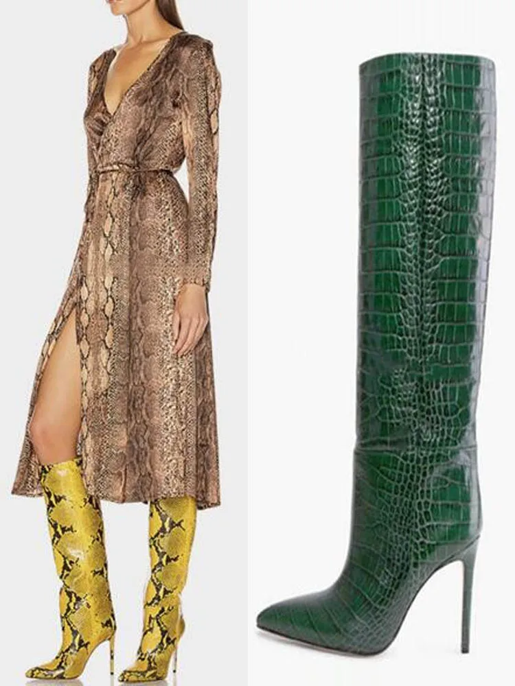 Python Embossed Leather Knee high Boots 