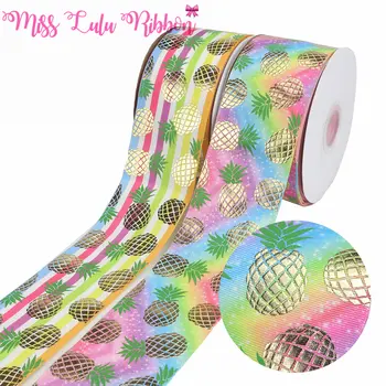 

3 "75mm Fruit Series Gold Pineapple Print Stripe / Gradient Gold Foil Ribbon DIY Gift Decoration Size 50 / Roll