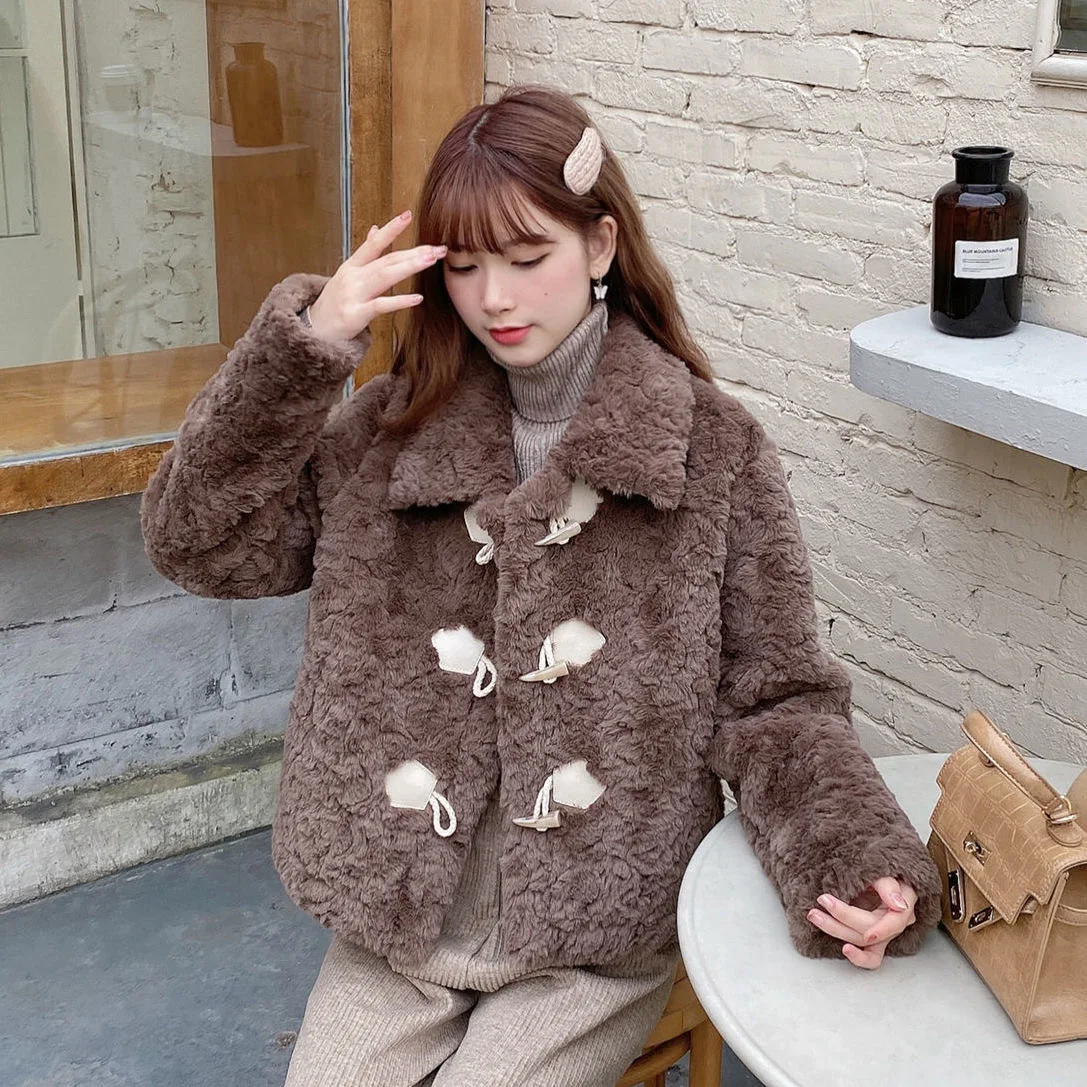 【IONSEOUL】Hape Fleece Suede Button Half Coat Fur JK 4FM311 Winter White Faux Fur Coats Women Elegant Thick Warm Soft