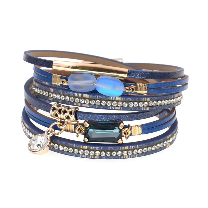 WELLMORE NEW fashion glass bracelet leather charm bracelets for women Luxury Wedding Statement Jewelry Wholesale drop shipping
