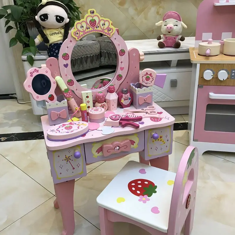 

Wooden Dresser Toy Pink Imitation Make-up Table Set Children's Toy 3-6-year-old Girl International Children's Day Gift