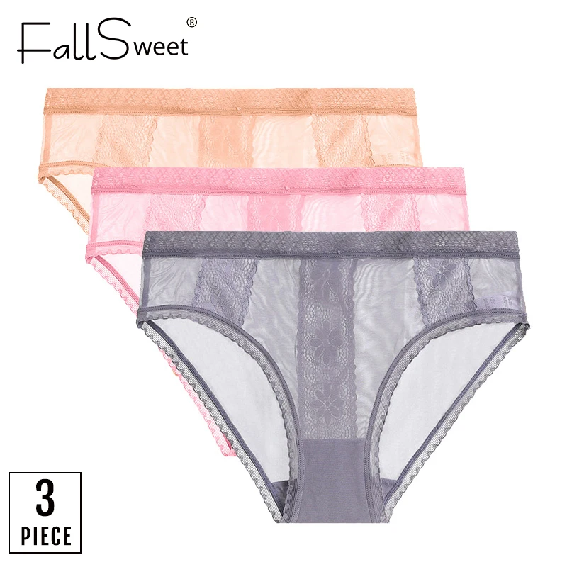 Женские кружевные трусы FallSweet, сексуальные ультратонкие трусы, 3 шт./партия, нижнее белье большого размера 4XL