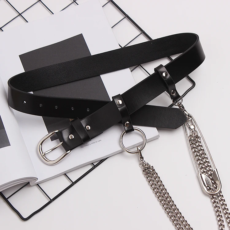 Genuine Cow Leather Women Belt Ring Metal Chain Punk Waist Belt Big Metal Pin Hip Hop Belts Women Pant Jean Corset Belt Girdle