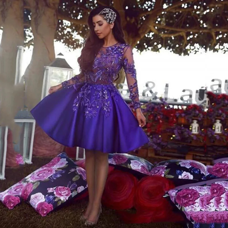 Buy Purple Long Sleeves Homecoming Dresses 2020 Beading Knee Length Lace Co...