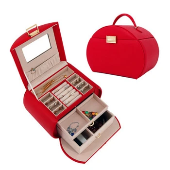 

Large Leather Jewelry Box Case Storage Organizer Travel Case and with Lock with Mirror and Storage Drawers Red