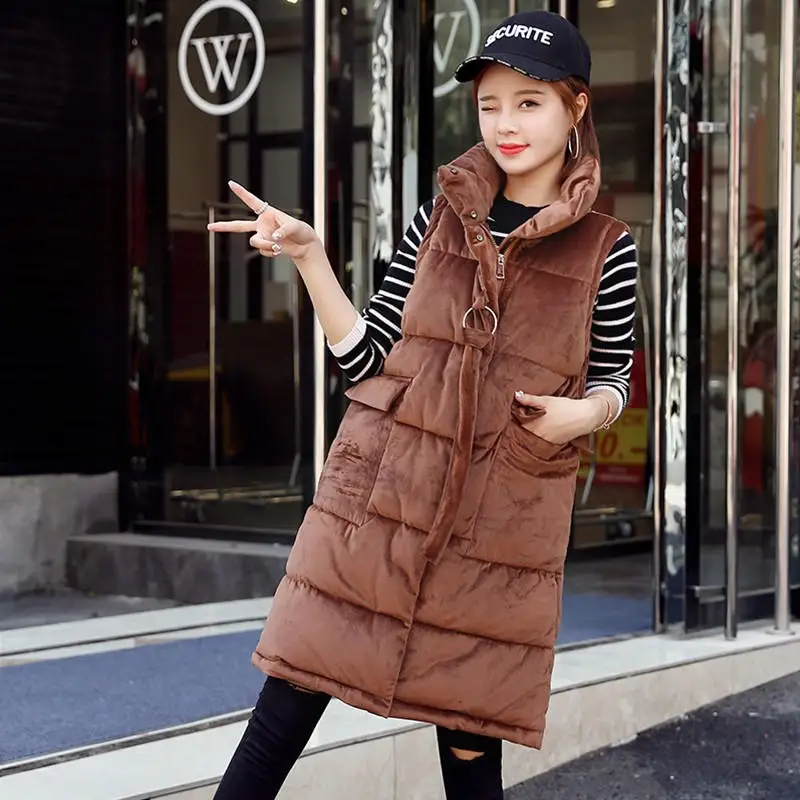 Caramel Vest Золотой бархатный жилет женский свободный теплый стеганый жилет Повседневный жилет женский утепленный Длинный жилет на молнии Женское пальто Colete Feminino q87 - Цвет: Caramel Vest