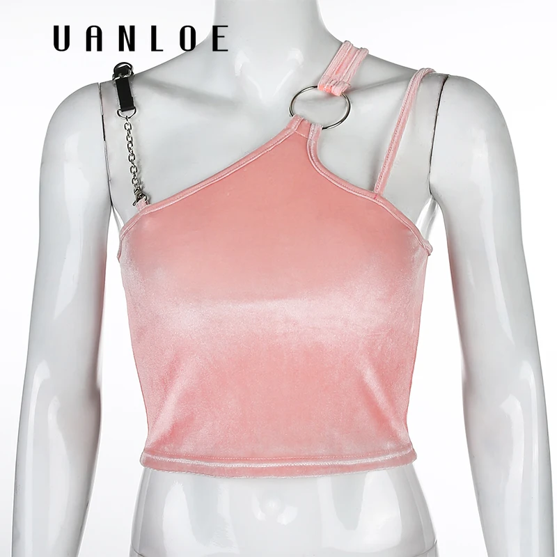

Leather Shoulder Strap Crop Top Women Sexy Sleeveless Tops Summer Fashion Irregular Camis Pink Velour Streetwear Top