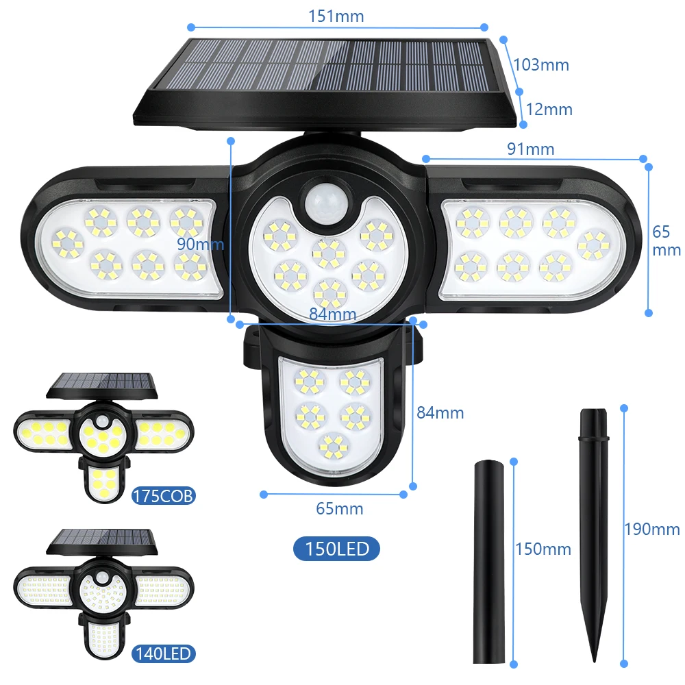 231COB Solar Light Outdoor Wall Lights Multiple Heads PIR Motion Sensor 140/200LED Street Landscape Spotlights Security Lamp solar post cap lights