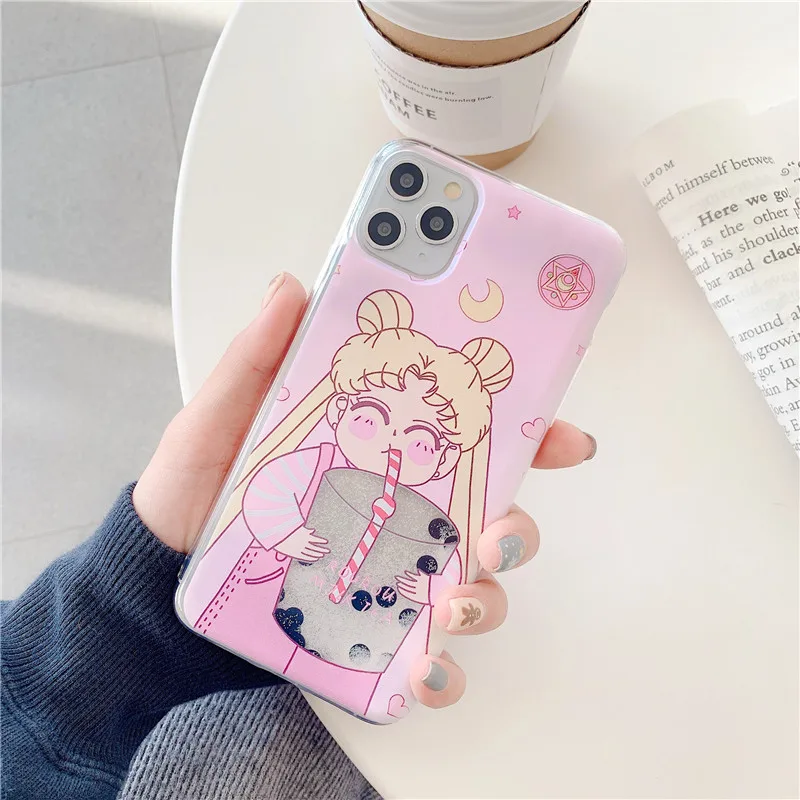 Милый чехол Сейлор Мун с пузырьками и чаем зыбучие пески для iPhone 11 11Pro XS Max X XR 8 7 plus, динамический жидкий Забавный мультяшный чехол для телефона, чехол - Цвет: Розовый