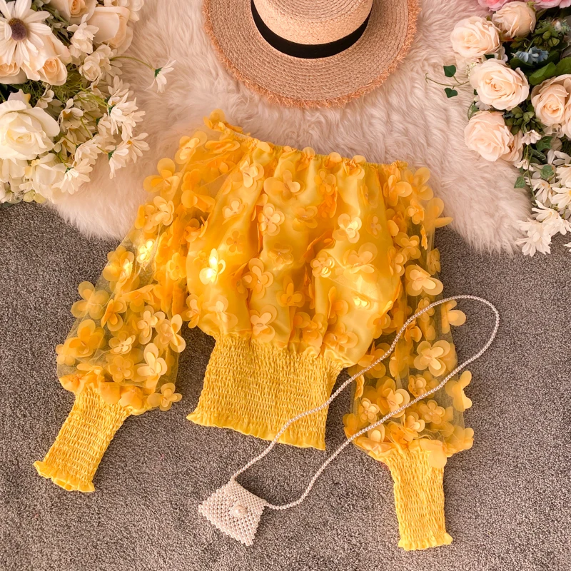 

Women Chiffon Blouse Korean 3D Flowers Chic Puff Sleeve Shirts 2020 Summer Stretch Slim Short Fashion Shirt Blouses Feminine