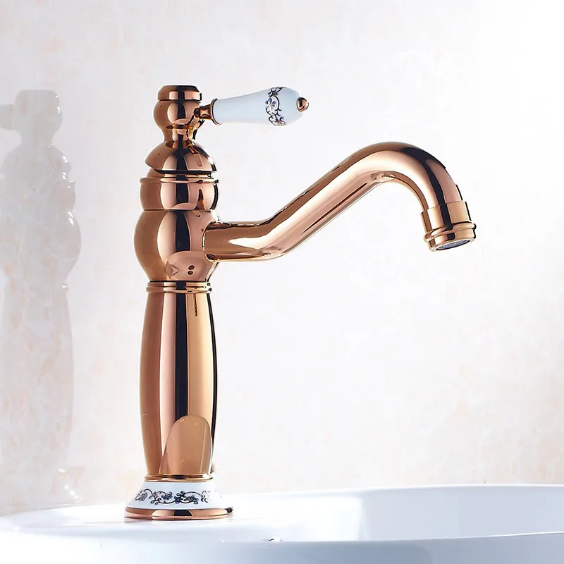 

Rose Gold Bathroom Basin Brass Sink Mixer Faucets Hot & Cold Ceramic Base Single Handle Deck Mounted Lavatory Crane Water Taps