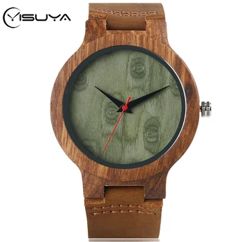 

YISUYA Wood Watch Men's Green Round Wooden Clock Genuine Leather Wristwatch for Men Hot Fashion Natural Wooden Watches Gifts