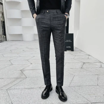 

2020 Spring Summer Pantalon De Vestir Hombre Fashion Pants Men Slim Fit Casual Plaid Work Pants Streetwear Trousers Men Clothing