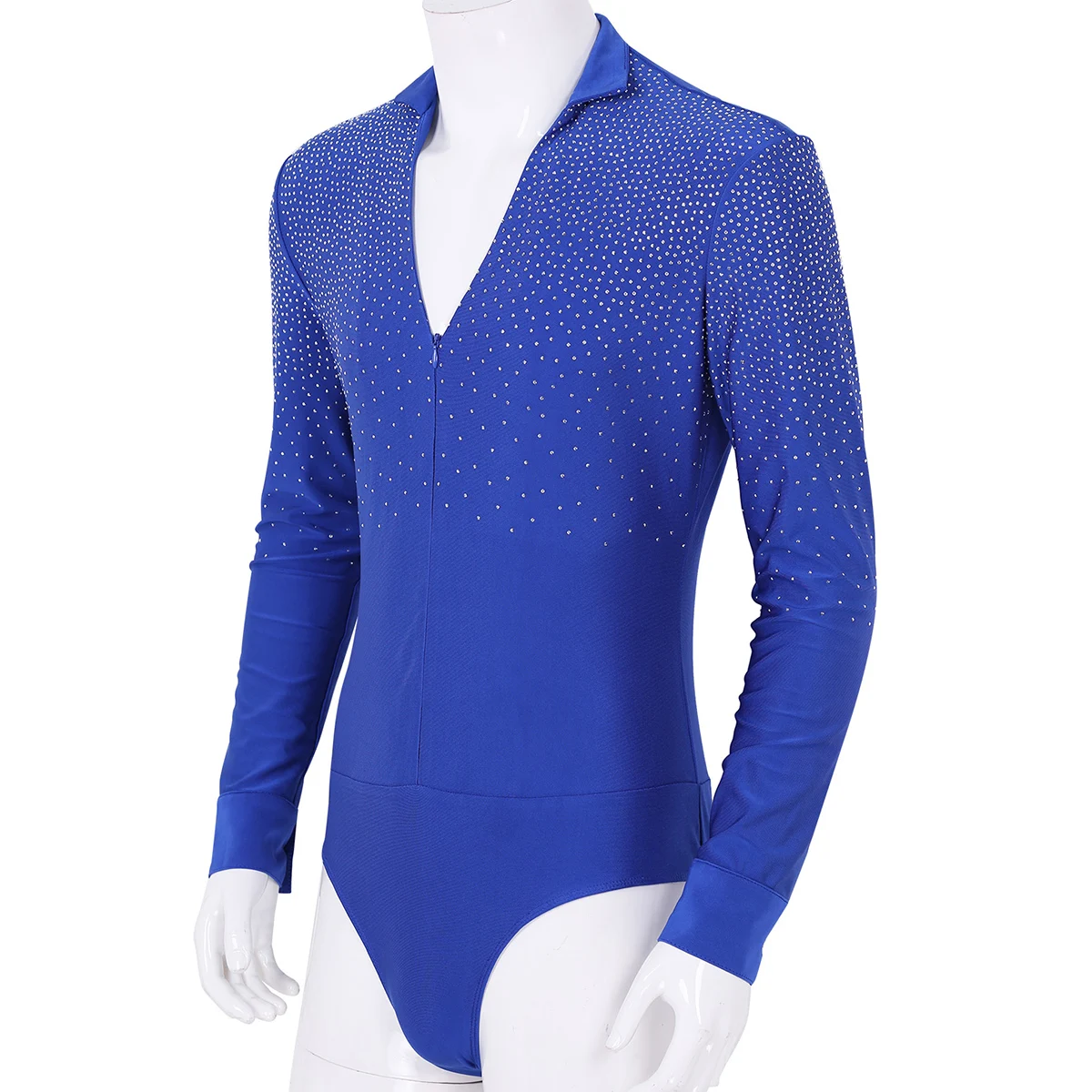 TiaoBug Shiny Rhinestones V-neck Stand Collar Long Sleeve Ballroom Tango Rumba Men Latin Dance Shirt Leotard Bodysuit Dancewear