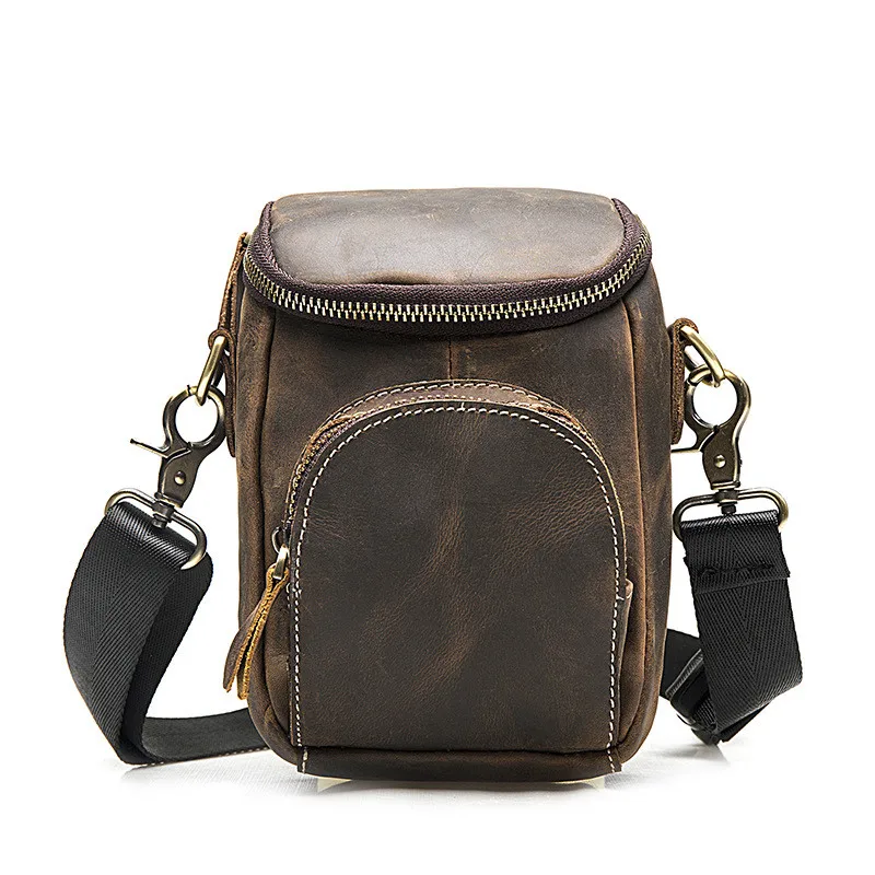 Brown PNDME винтажные crazy horse из воловьей кожи Мужские поясные сумки Простые из натуральной кожи Многофункциональные маленькие сумки через плечо для телефона - Цвет: Brown