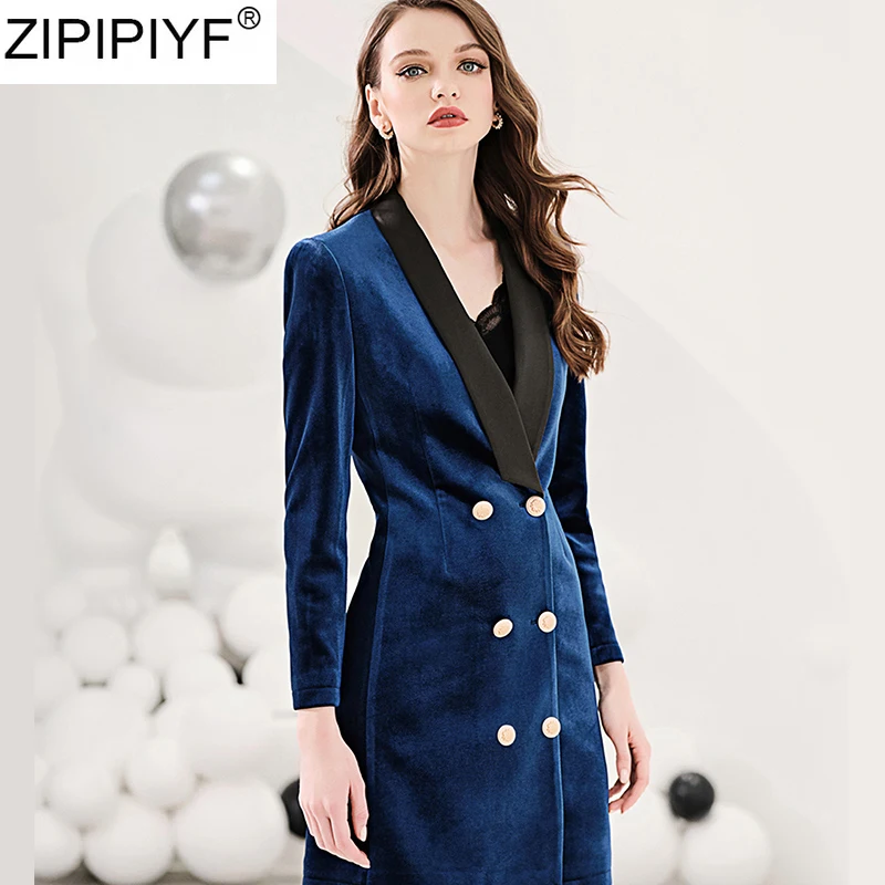 HIGH QUALITY 2020 Fashion New Designer Dress Women's V-neck Metal Buttons Double Breasted Velvet Empire Knee-Length Vestidos | Женская