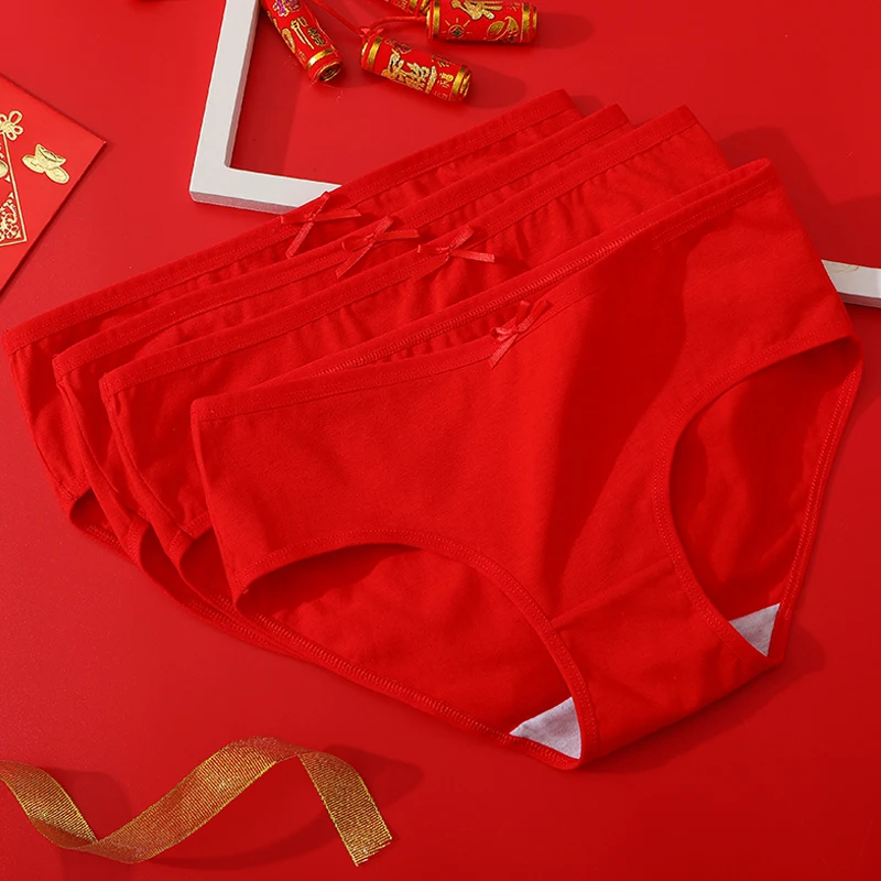 4PCS Women's Panties Cotton Lucky Red Intimates Breathable Panty Girls Underpants Female Underwear Seamless Briefs Size M-XXL lace underwear Panties