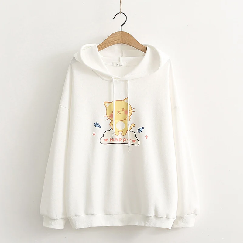 Autumn Kawaii Cat Graphic Hoodie Women White Cartoon Printed Hooded Sweatshirt Preppy Cute Long Sleeve Casual Blue Pullover