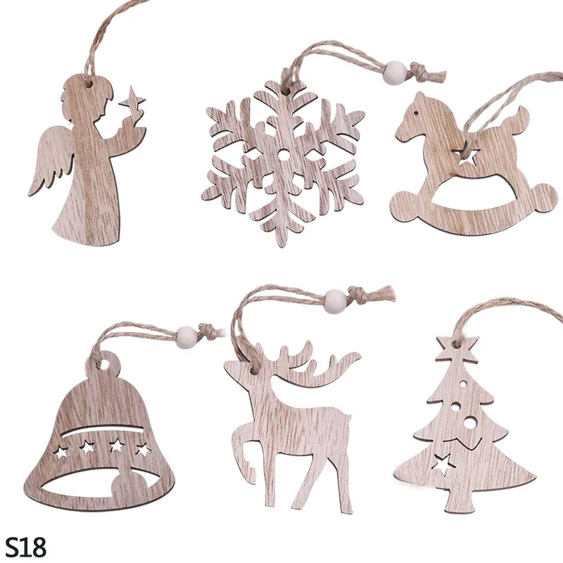6pcs S18 3/6pcs Christmas Wooden Pendant Wooden Hollow Snowflake Christmas Tree Hanging Decor For New Year Xmas Party Ornaments Kids Gift - Цвет: 6pcs S18