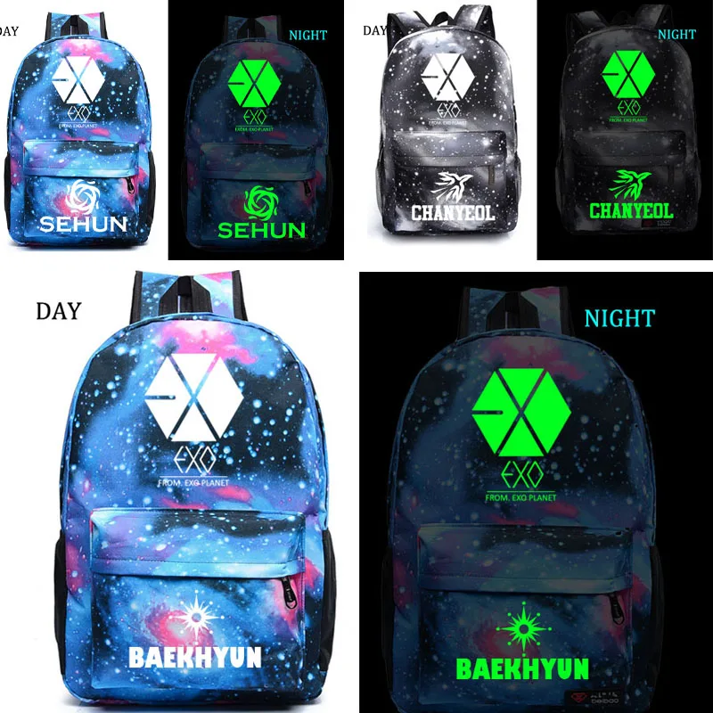 Kpop EXO Xiumin SUHO LAY BAEKHYUN CHEN CHANYEOL D.O. KAI SEHUN светящийся в темноте Рюкзак Студенческая школьная сумка