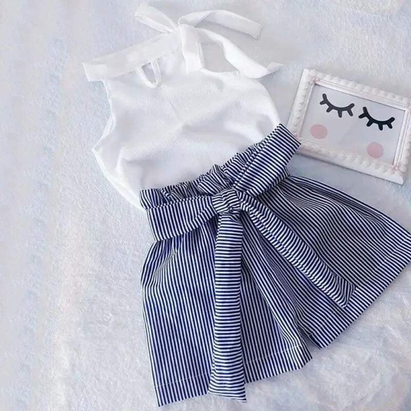 Summer Baby Girl Clothes Sets Sleeveless T-shirt + Striped Shorts Suits 2-7Years