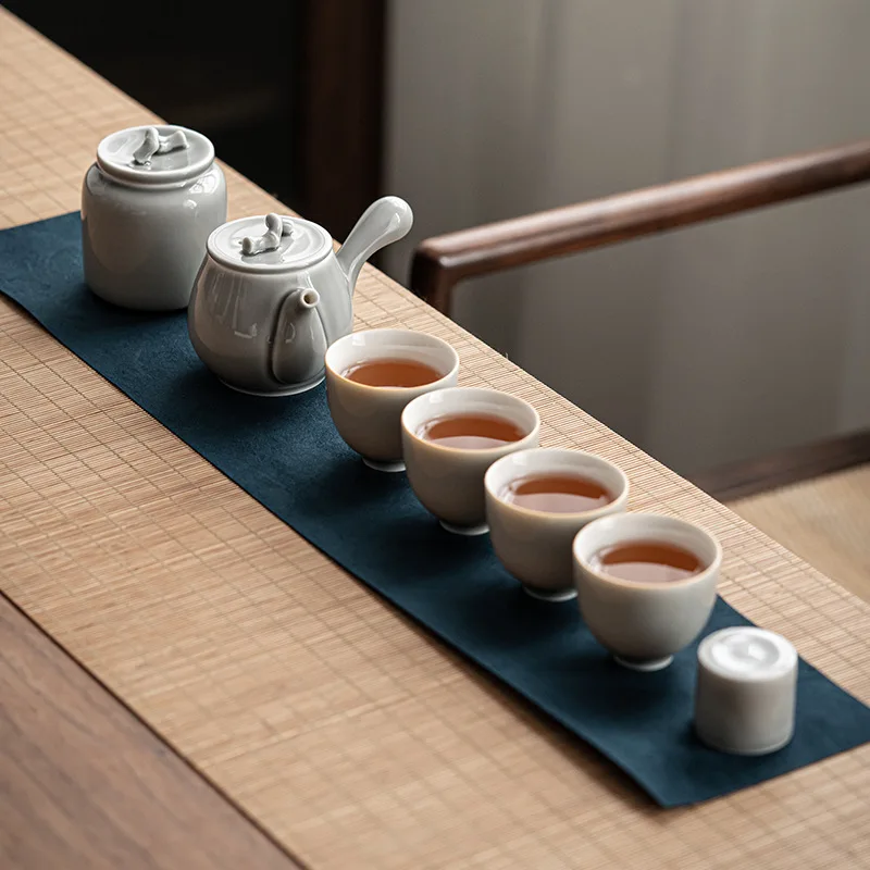 Japanese Ice Gray Glaze Porcelain Kung Fu Tea Set Household Tureen Side Handle Pot Set Ceramic Tea Chinese Cup