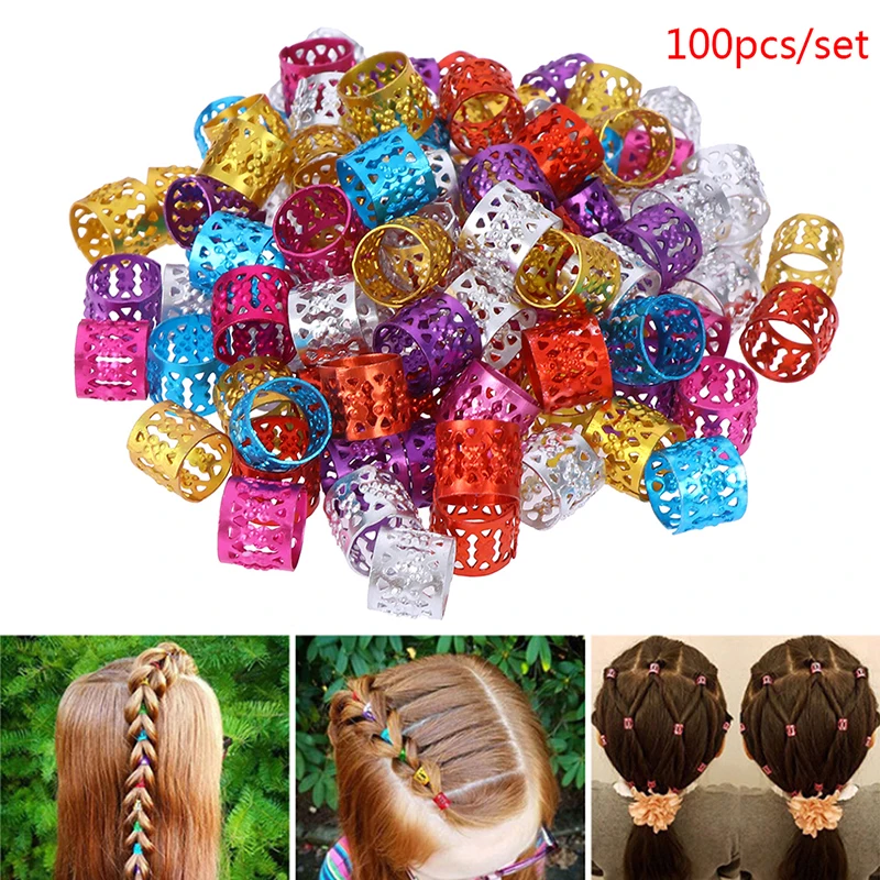 

100pcs Mixed Beads Hair Rings Cuff Adjustable Hair Braids Dreadlock Beads Hair Braid Rings Cuff Clips Tubes Jewelry 6 Colors