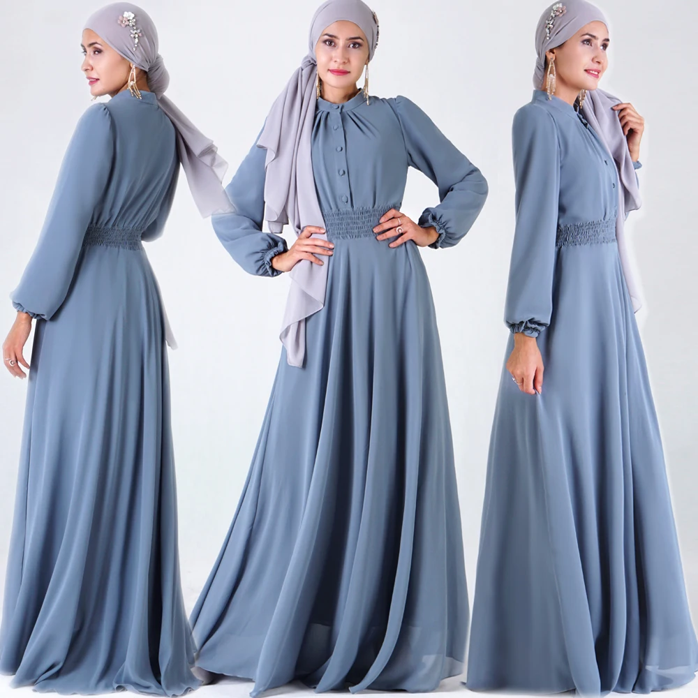 Мусульманское платье-хиджаб трапециевидной формы с эластичной талией, женское однотонное платье Абая с пуговицами размера плюс, abaya Robes, Дубай, Арабская Исламская одежда - Цвет: Light Blue
