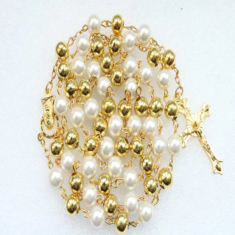 4mm Gold Crystal Pearl Necklace, Rosary Necklace and Gold Plated Cross Necklace Ladies Pearl Necklace