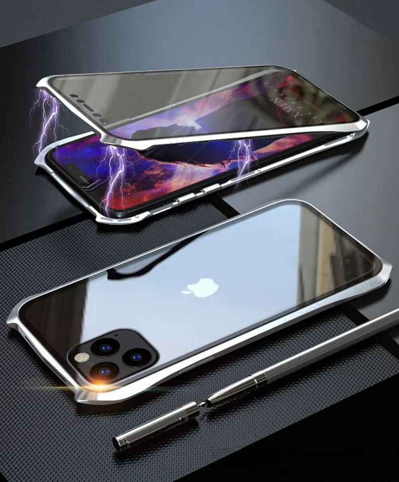 silver Двухсторонняя, для стекла чехол на магните для Apple iPhone 11 Pro Max Магнит Чехол класса люкс Алюминий металлический бампер 360 Защитный чехол с петлей - Цвет: silver