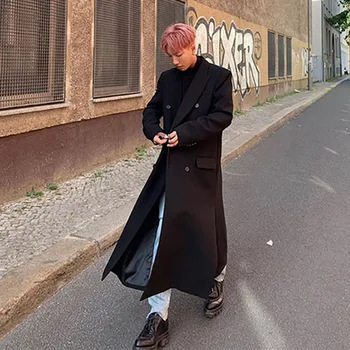 

Male Streetwear Gothic Long Jacket Overcoat Windbreaker Men Vintage Double Breasted Casual Black Trench Coat