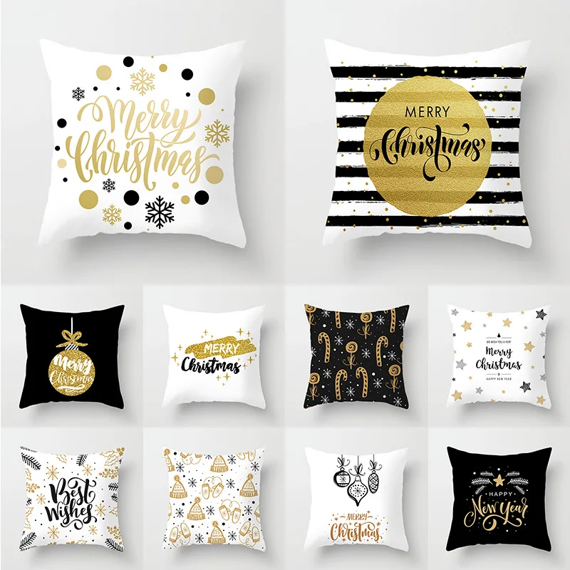 

45X45CM New Merry Christmas Decorative Throw Pillow Cushion Cover Xmas Polyester Home Decor Black White Printed Pillowcase