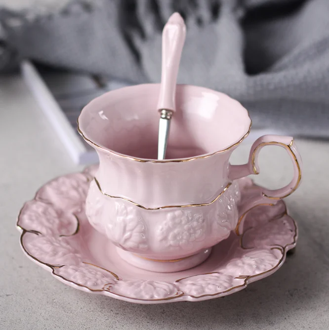 

European Style Ceramic Elegant Mug With Saucer And Spoon Coffee Tea Sets Luxury High Grade Afternoon Water Tea Drink Cup LFB860