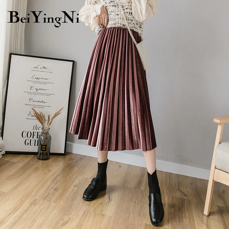 Beiyingni Autumn Winter Gold Velvet Midi Skirt for Woman High Waist Vintage Casual Pleated Skirts Womens Solid 7Colors Warm Saia - Цвет: Coffee