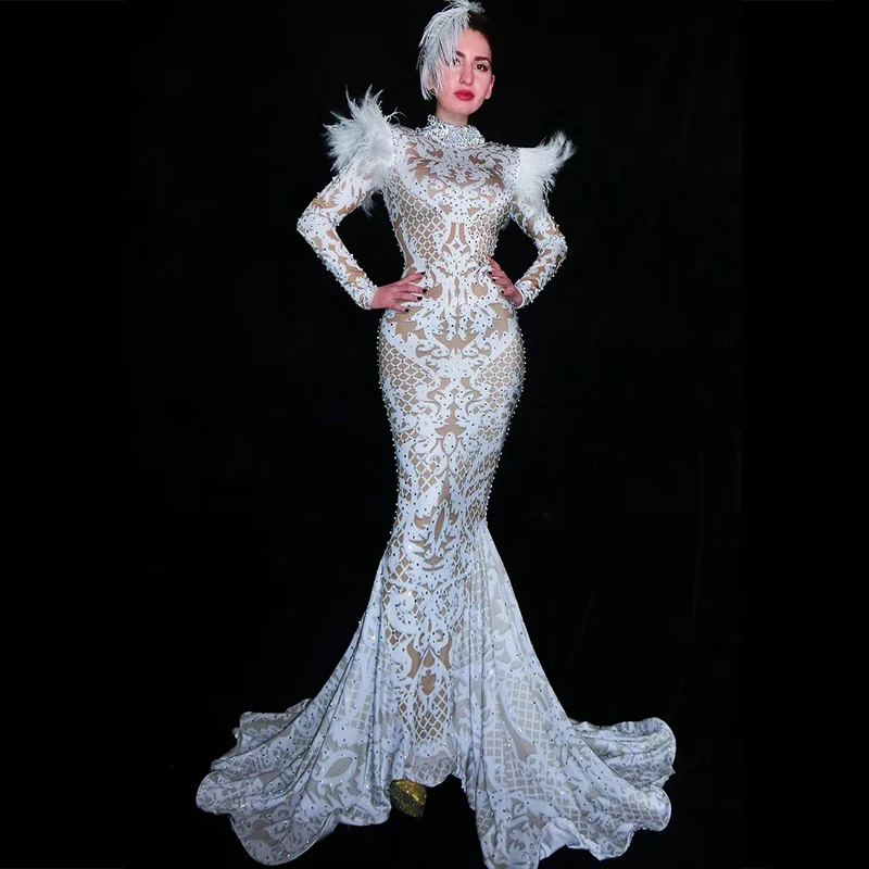 Shining Silver Rhinestone Long Train Dress Women Evening Costume Prom Celebrate Big Tail Dresses Party Wear |