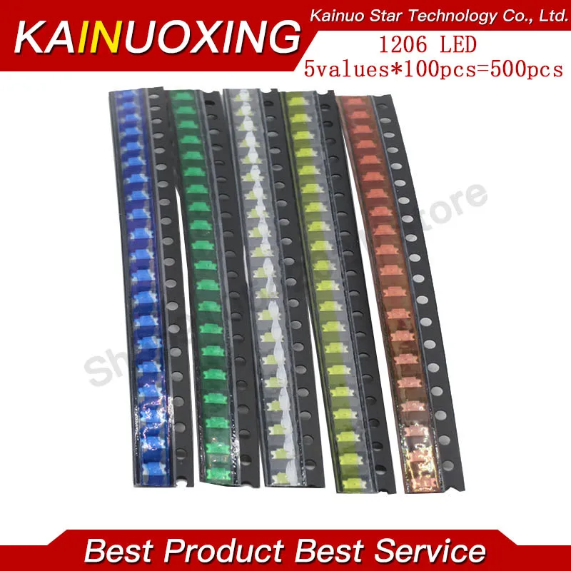 1206 SMD LED 키트, 적색, 녹색, 청색, 백색, 황색, 5x100 개, 색상 = 500 개, 신제품