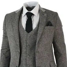 Мужской серый твидовый костюм из 3 предметов в елочку винтажный Ретро Стройный деловой костюм