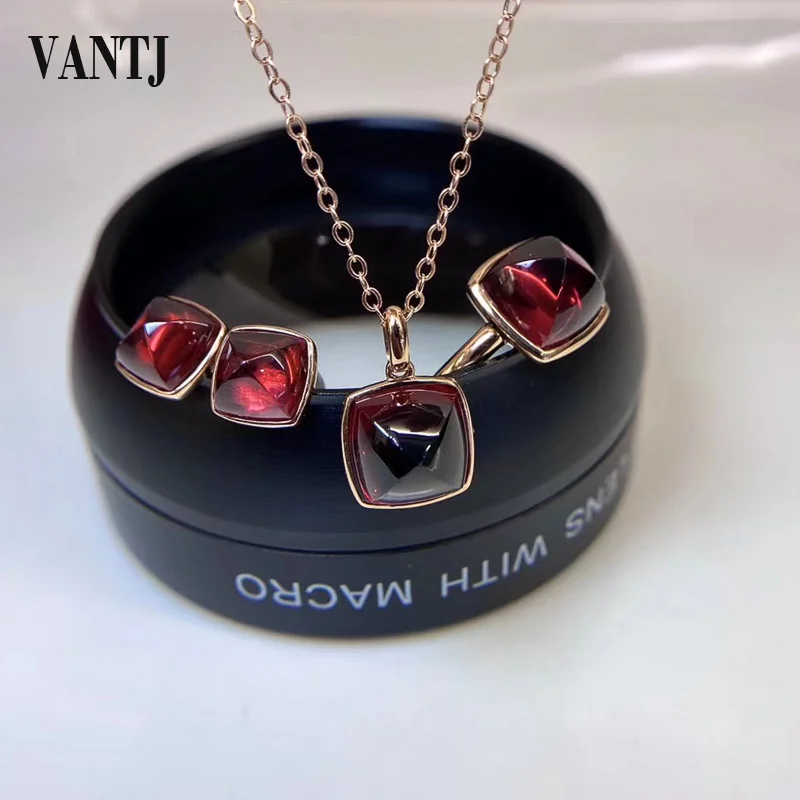 

VANTJ Elegant Natural Garnet Jewelry Sets Sterling Real 14K Rose Gold Fine Jewelry for Women Lady Party Wedding Gift whit Box