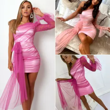 

Women Sexy One Shoulder Bodycon Mesh See Through Long Sleeve Dress Mini Dresses