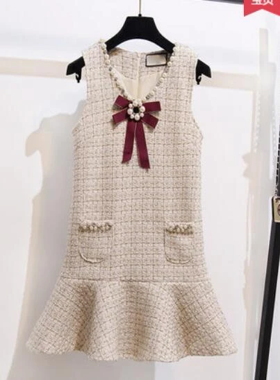 apricot dress Осенняя одежда Ретро Бисероплетение Жемчуг бант лента твид короткое платье для женщин Сладкий v-образным вырезом жилет рыбий хвост платье комплект из двух предметов - Цвет: apricot dress