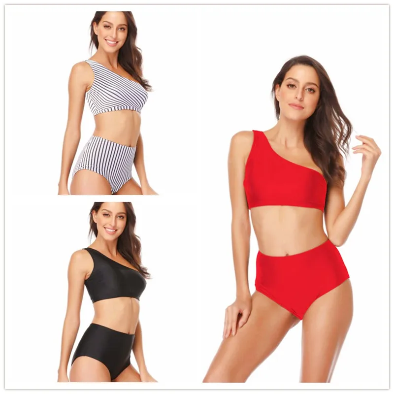 

Bikini-Set One Shoulder Swimwear Swimming-Suit High Waist Triangle Push-Up Solid Striped Women Summer Bra Biquini