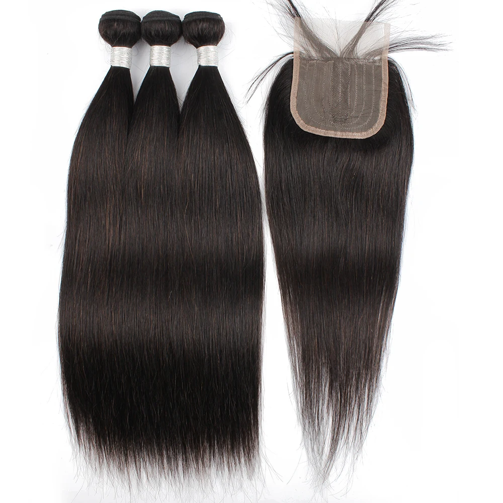 Human hair 3 bundles with T part lace closure natural color straight Brazilian hair extension middle part closure with baby hair