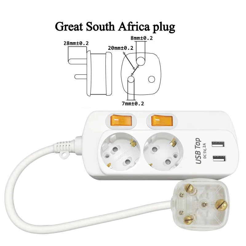2 AC SA PLUG Европейская стандартная штепсельная розетка, блок питания 2/3, розетка переменного тока, одиночный переключатель, контрольное гнездо для шнура удлинителя с 2USB зарядным устройством - Цвет: 2 AC SA PLUG
