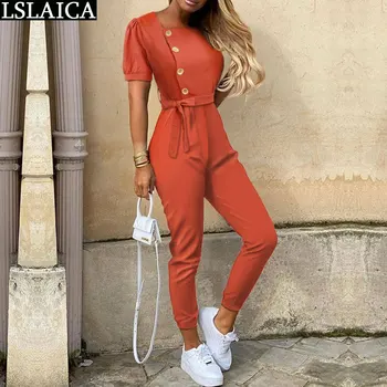 

Jumpsuit women summer short sleeve solid color button decorated jumpsuit women elegance fashion casual office party bodysuit