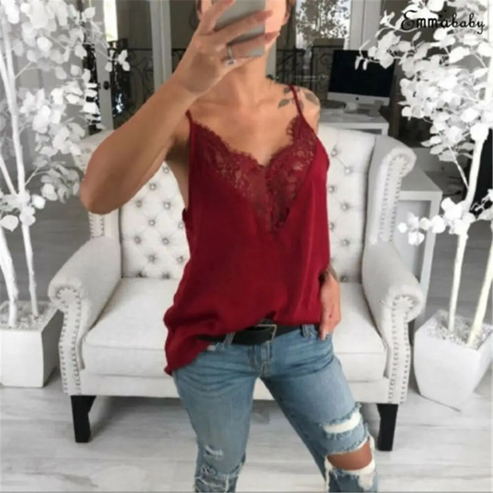 wine red Летние Для женщин Длинная блуза Повседневное свободное платье с кружевом и v-образным вырезом Женские Рубашки, Топы, блузки без рукавов топы женские блузки Плюс Размеры - Цвет: wine red