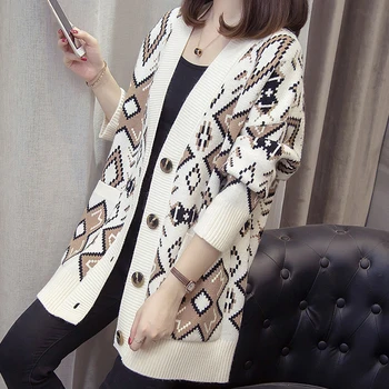 

Colorful Geometry Jacquard Weave Knitted Cardigan Women Casual Single Breasted Jumper Autumn Winter Oversize Sweater Tops Femme